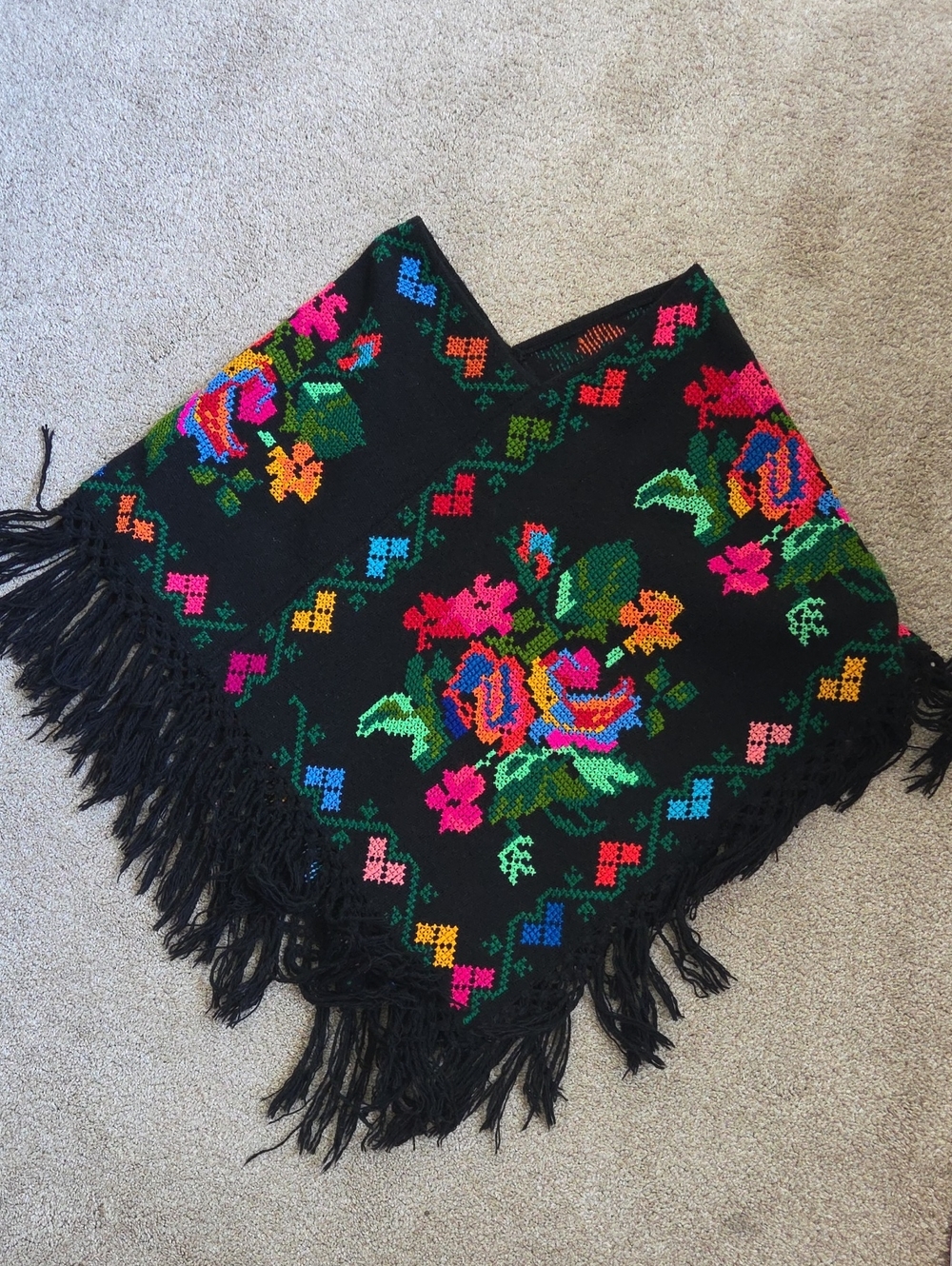 Original Mexican Black Floral Embroidered Fringe Poncho
